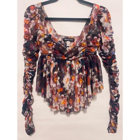 Urban Outfitters Floral Ruffle Ruched Mesh Long Sleeve Babydoll Top, Size S - Picture 2 of 9